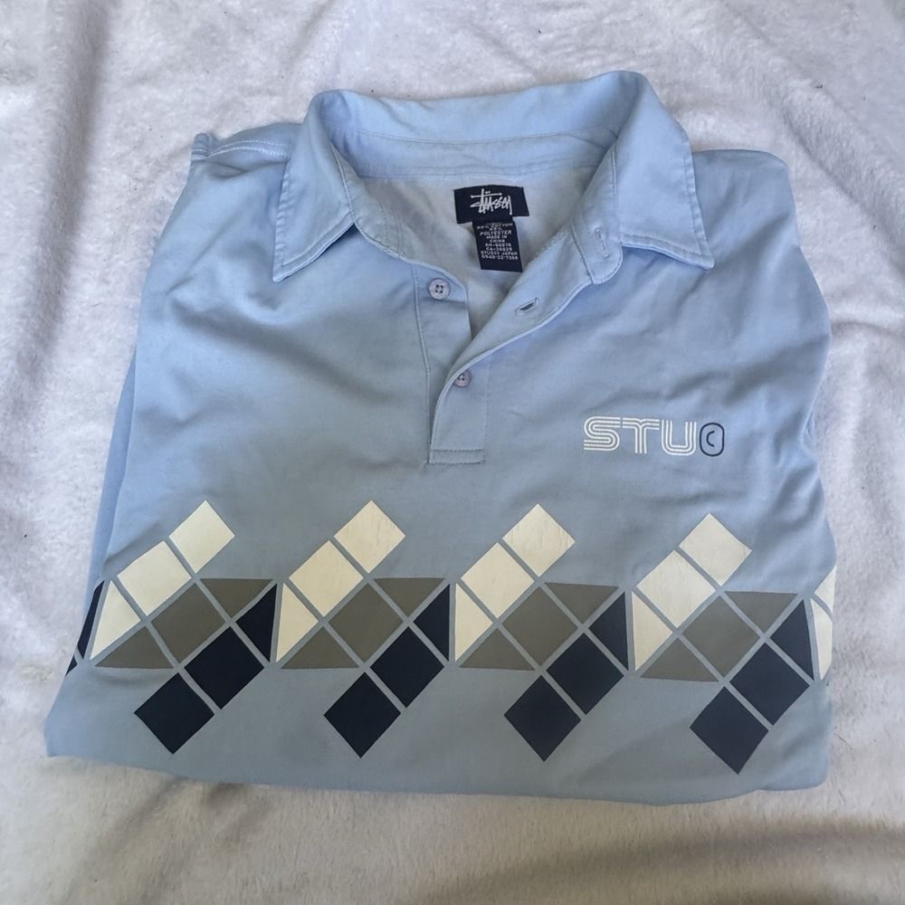 Stussy Polo Shirt Mens Large Blue Argyle Graphic Short Sleeve Skate Casual Retro